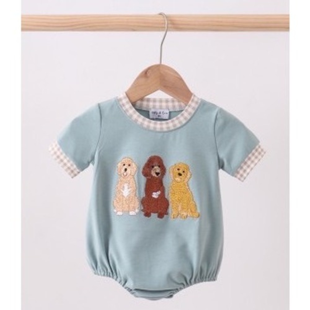 Abby & Evie Baby Boys Girls Dog Embroidered Bubble Romper Gingham Sage Green 18M